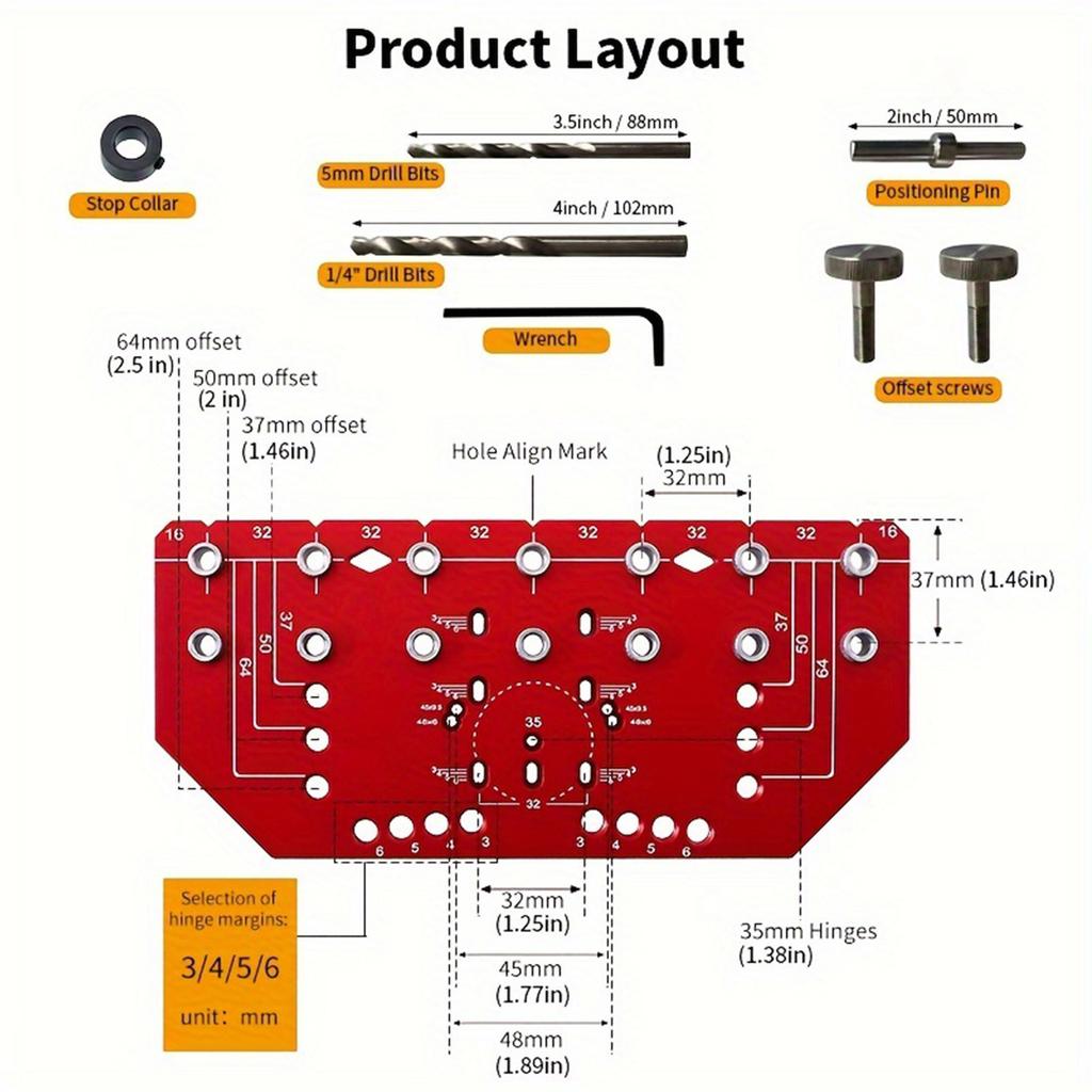 Shelf Pin Hinge Jig 2 in 1 All Metal Cabinet Hardware Tool Drill Guide with 1/4in 5mm Drilling Bits