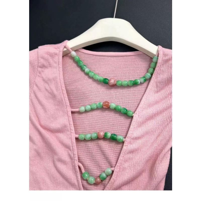 Japanese Y2k Hollow Out Tops Vintage Harajuku Beaded T Shirt 2000s Aesthetics Short Sleeve Knit T-shirts American Retro