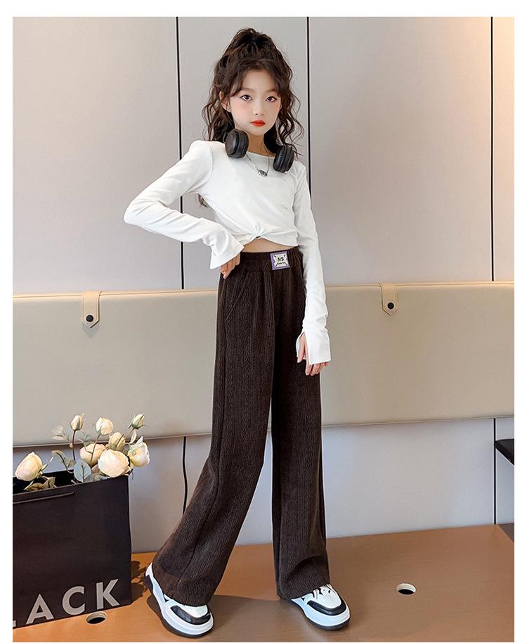 Girls' 2025 Autumn/Winter Fashionable Fleece-Lined Wide-Leg Pants