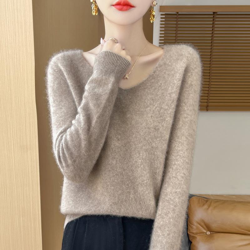 Pull en laine pour femme automne et hiver nouveau pull à col en V pull ample à manches longues en laine tricotée pull de base rose