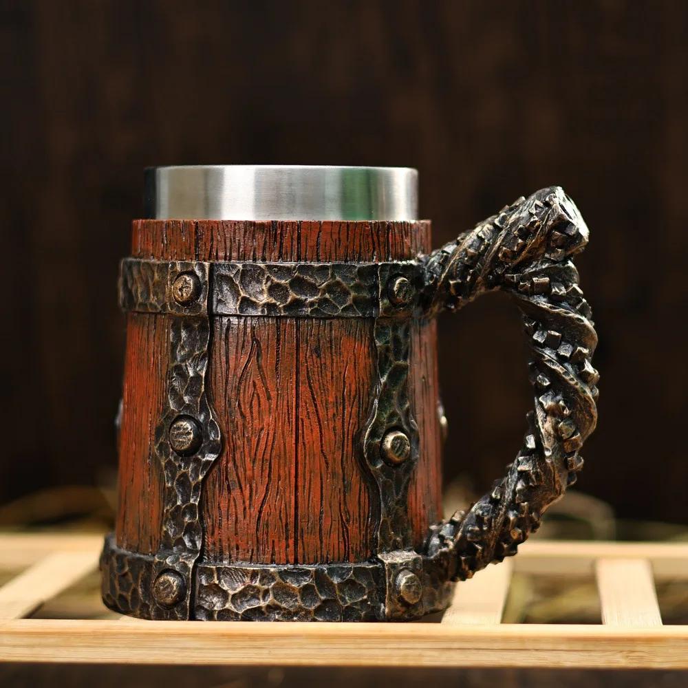 New Viking Imitation Wood Resin Beer Mug Retro Handmade Large-capacity Stainless Steel Liner Wine Glass Beer Jugs Bar Drinkware
