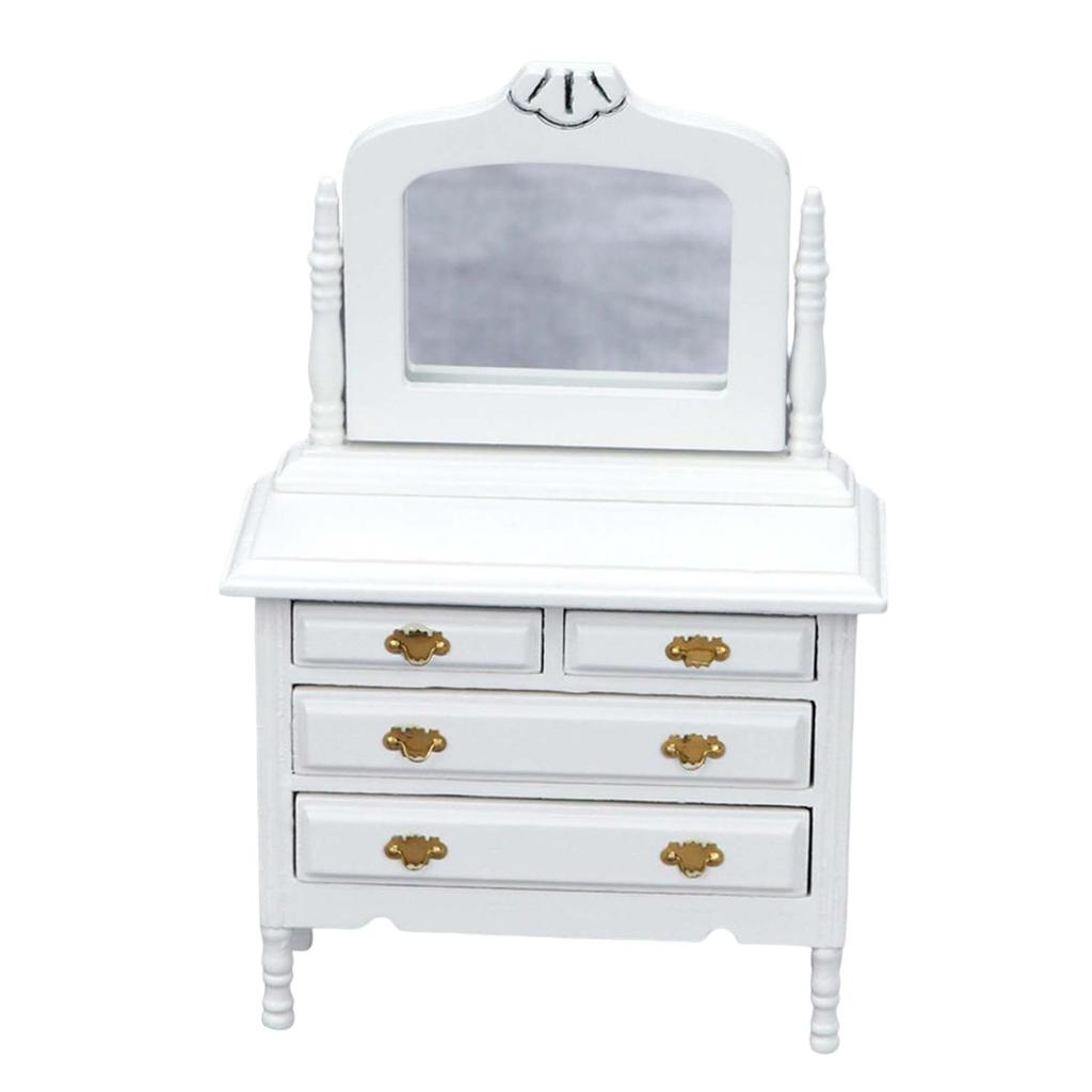 Dollhouse Makeup Vanity with Mirror & Perfume Tray 1/12 Miniature Dressing Table for Dollhouse Bedroom Furniture Decoration