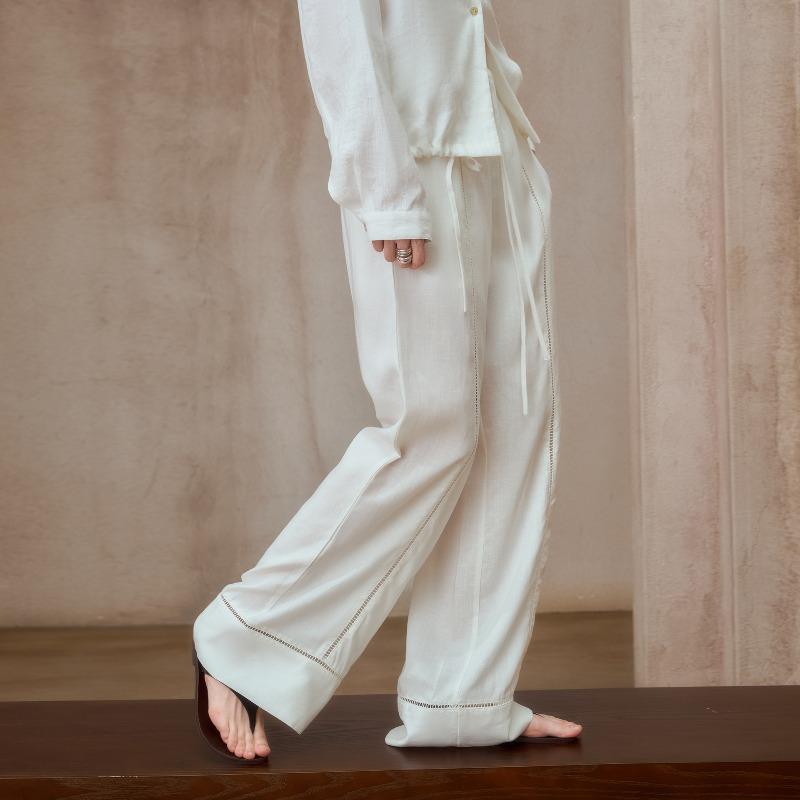 Women Linen Blend Wide Leg Pants, Lace Hollow Out, Loose Fit, Adjustable Drawstring Waist, Summer Casual Trousers