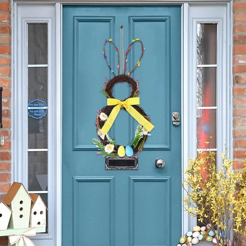 Flower Wreath Bunnies Easters Door Sign Artificial Flower Wreath Easters Decors for Farmhouse Front Door Porch Wall Decors