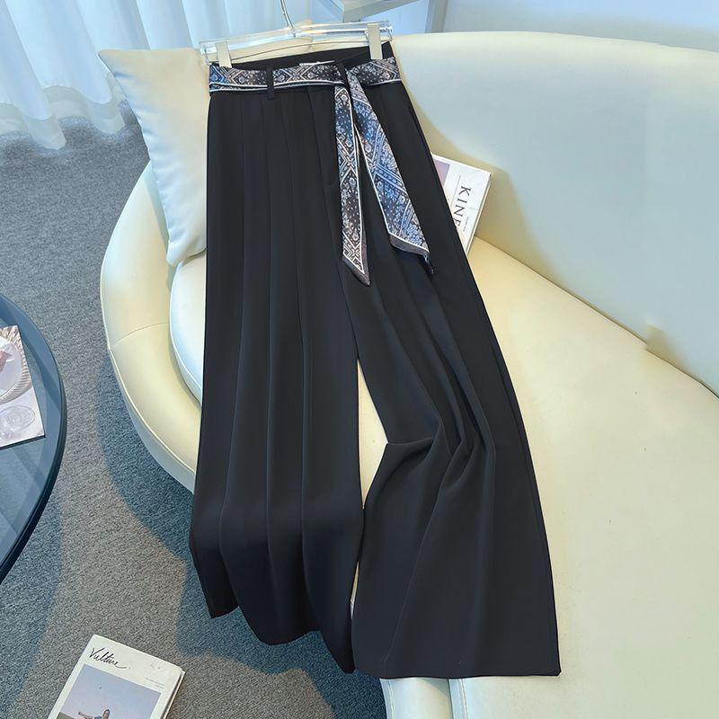 

2026 Autumn Women s Wide-Leg High-Waisted Silk Scarf Suit Pants - Loose, Drapey, and Fashionable Floor-Length. S (40-48 kg) чёрный