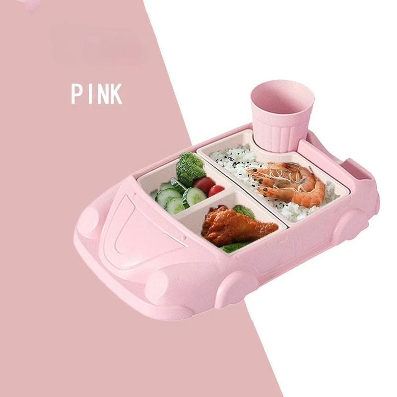 

Creative children s car bamboo fiber baby food feeding tray food grade cartoon baby anti fall bowl, partition box, lunch box set рожевий