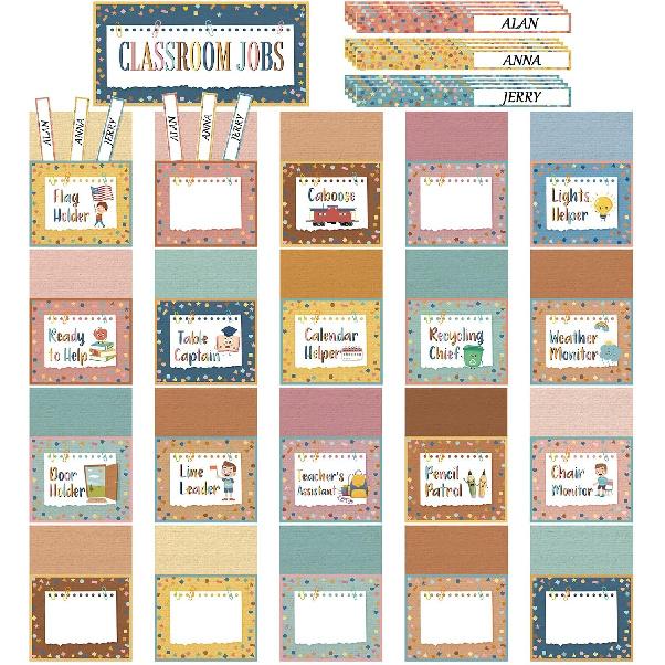 Seajan 81 Pcs Boho Class Jobs Bulletin Board Boho Welcome Classroom Jobs Pocket Chart Set with 40 Adhesive Points Colorful Back to School Teacher s Cute Style