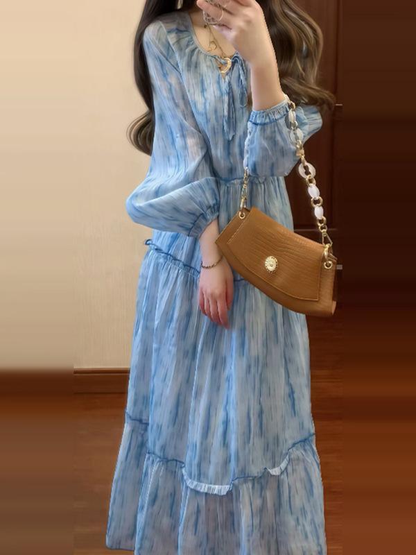 

Women s French V-neck Age-Reducing Long-Sleeve Dress – Loose Fit, Waist-Cinched, Plus-Size, Comfortable for Spring & Autumn 2XL