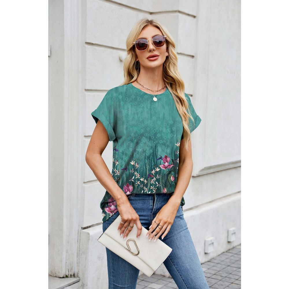 Summer Printed Round Neck Loose Short Sleeved T-shirt Casual Versatile Top for Women