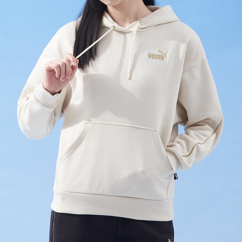 Puma Sports Lifestyle Series Logo Embroidered Hooded Casual Long Sleeve Sweatshirt Women Sweatshirt White 680146-87