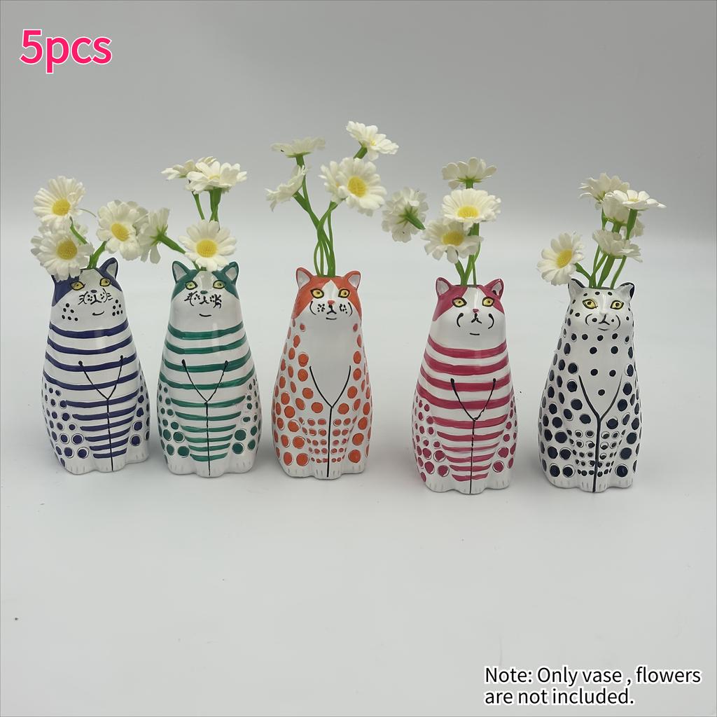 5pcs Whimsical Polka Dot Cat Vase Set Resin Flower Pot with Colorful Striped Cats Adorable Mini Decorative Figurine Home Decor