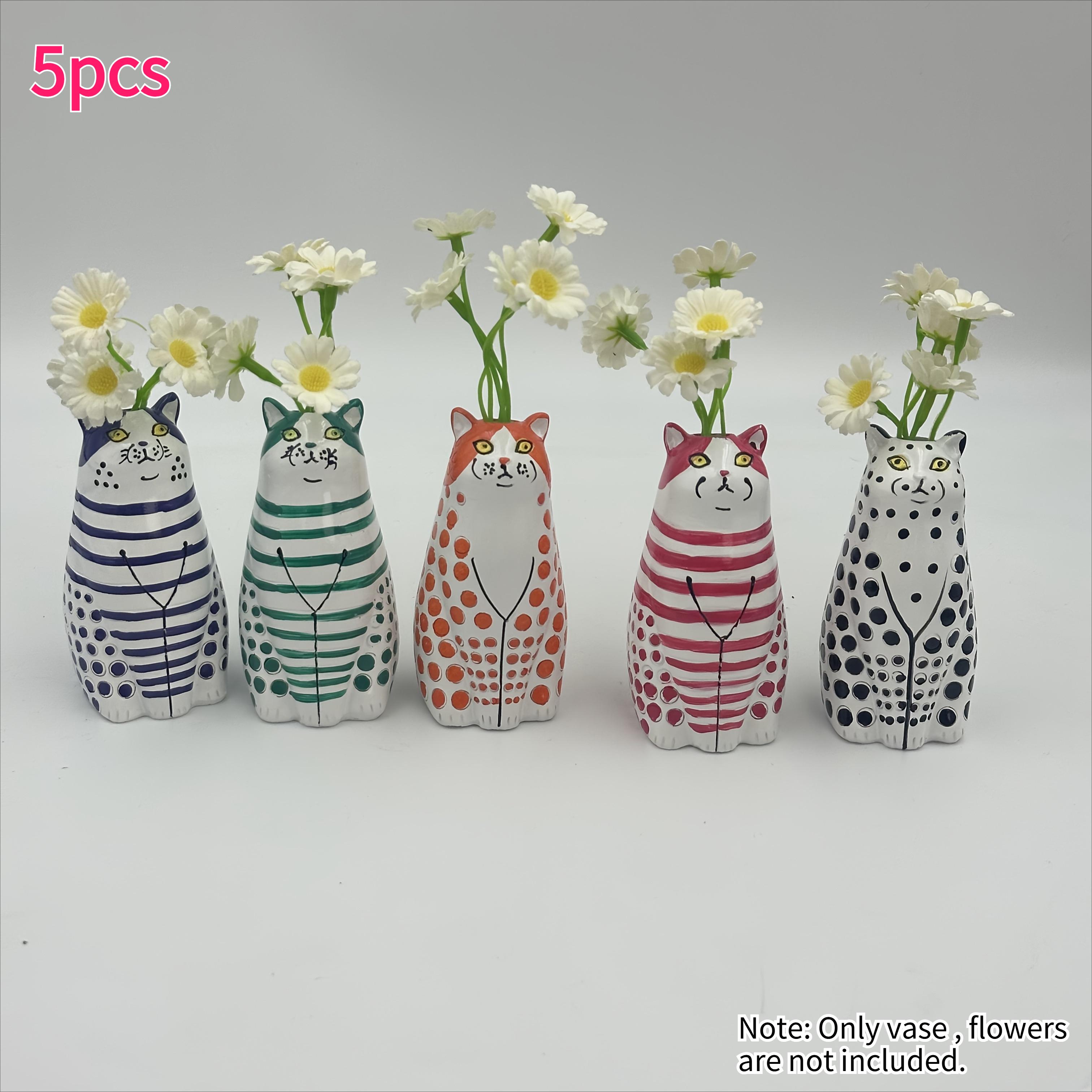 

5pcs Whimsical Polka Dot Cat Vase Set Resin Flower Pot with Colorful Striped Cats Adorable Mini Decorative Figurine Home Decor