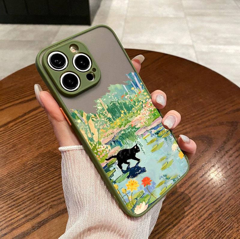 Black Cat Landscape Phone Case For iPhone 16 17 Pro Max 15 14 Pro Max Plus 13 12 Mini 11 Pro Max Cartoon Shockproof Back Covers