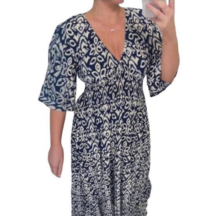 Summer Floral Boho Dress Women Casual Beach Sundress V Neck Short Sleeve Ruffle Midi A-Line Flowy Dress S темно-синий