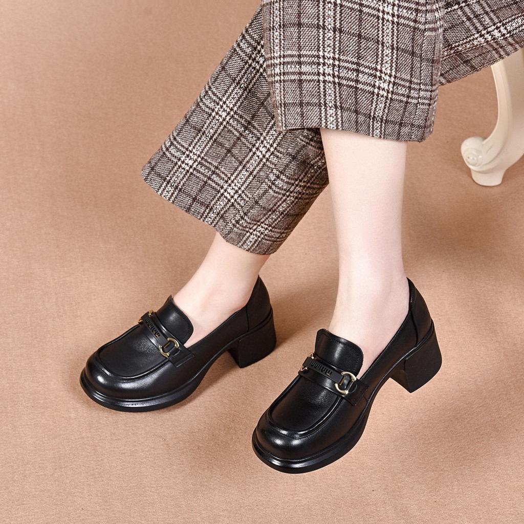 Round Head High-heeled Women's Shoes Spring New First-layer Cowhide Waterproof Platform Thick-soled Single Shoes Women's Small Leather Shoes