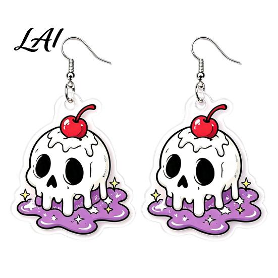Unique Gothic Dangle 1 Pair Acrylic Halloween Earrings for Women 2D Flat Cute Cartoon Playful Dark Style Ghost Skull Drop Earrings Holiday