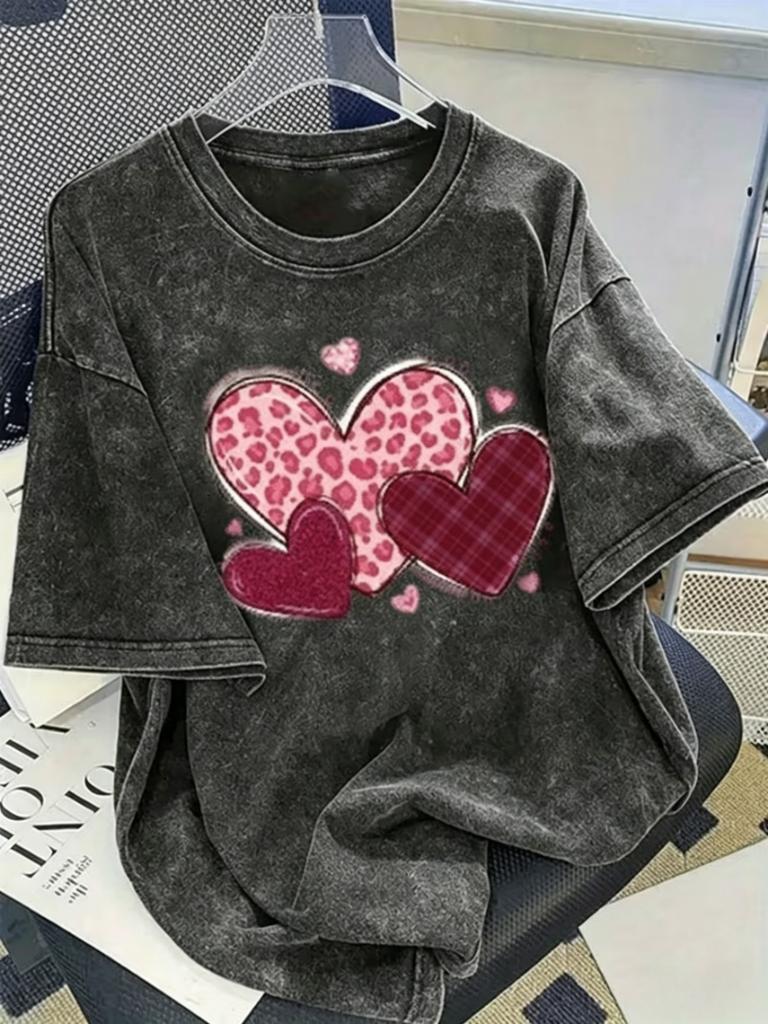 Pattern Patchwork Love Heart Graphic TShirt Unisex Vintage Washed Crew Neck Loose Casual Short Sleeve Daily Street Style Top