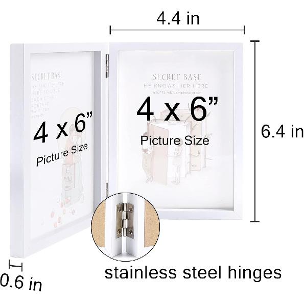 AVEAX Double 4x6 Picture Frame Hinged Folding Photo Frame with Plexiglass Front Vertical Frame on Desktop, White