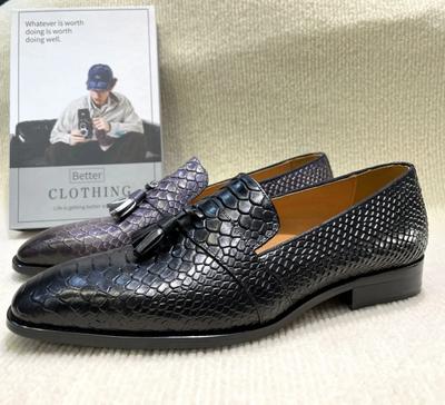 Fashion Men's Tassel Loafers Genuine Leather Gray Slip-on Snake Print Dress Shoes Spring Autumn Wedding Formal Shoes