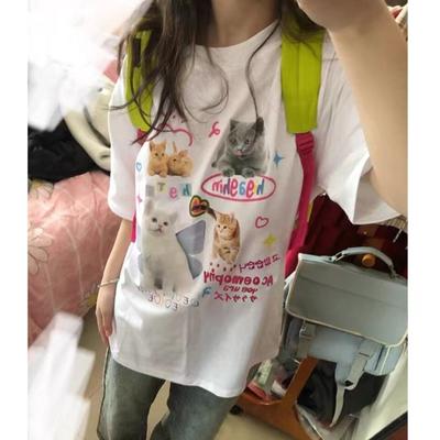Summer Casual Oversized T Shirt Pure Cotton Short Sleeve T-shirts Women Harajuku Funny Cartoon Print Y2k Tops White Hip Hop Streetwear