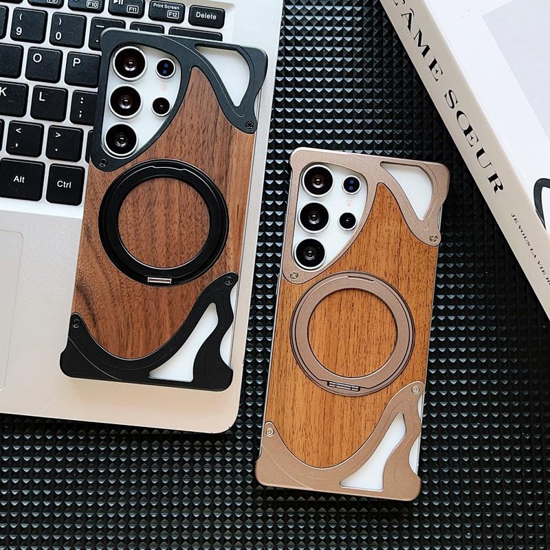 Metal Walnut Phone Case With Magnetic Stand S26 Ultra S25 S24 S23 Shockproof Rotating Edge