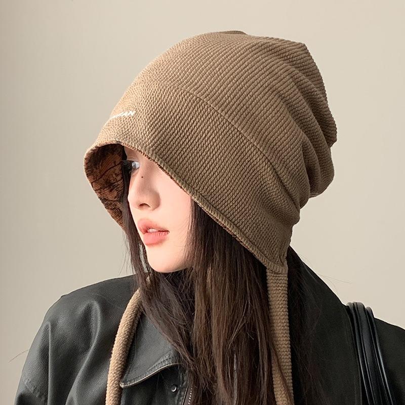 Double-sided can be worn, autumn and winter hats, women's headgear hats, big head circumference showing face, small pile hats, warm knitted cold hats
