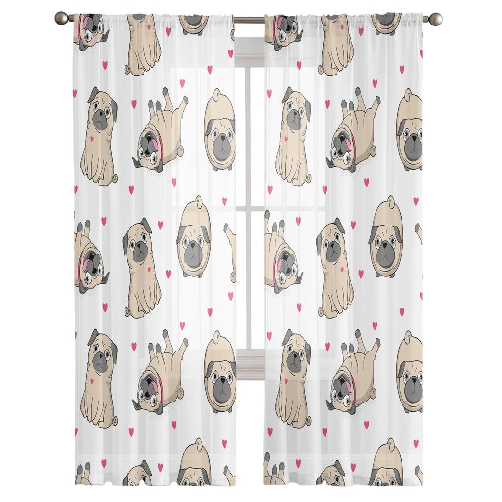 Cartoon Bulldog Love Window Treatment Tulle Modern Sheer Curtains for Kitchen Living Room the Bedroom Curtains Decoration