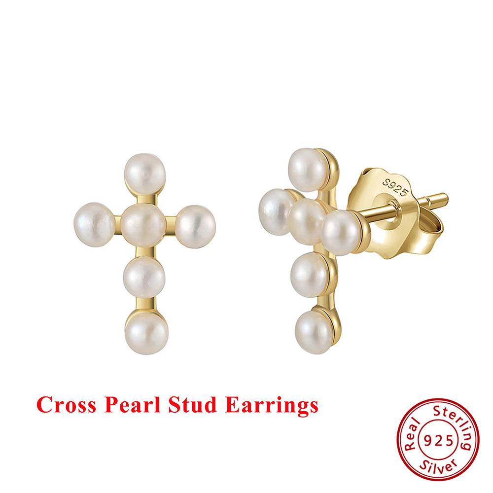 

Effie Queen Real 925 Silver Round Pearl Earrings 14k Gold Cross Style Women s Earrings Chic Jewelry For Wedding Party GPE108