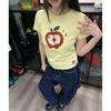 [Imitation Cotton] Apple Embroidered Crew Neck T-Shirt Women's Shoulder Slim Short Top Yellow American