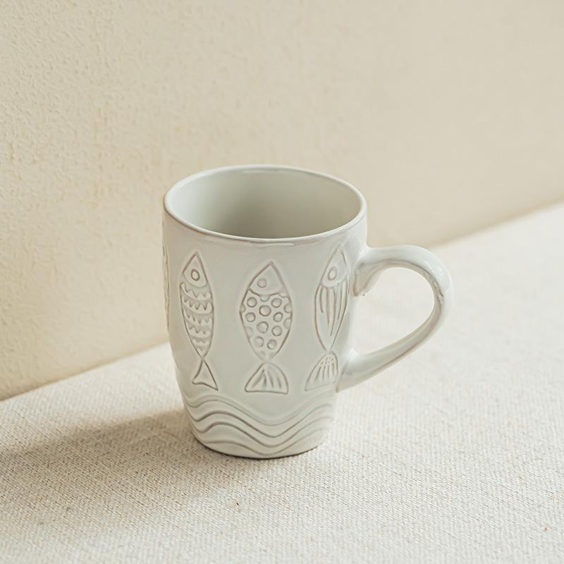 

Retro style relief ceramic mug, old couple cup, drinking cup, household large-capacity milk cup, coffee cup 301-400ml