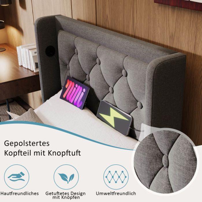 Pat simplu 90x200 cm - MUVOE - Tăblie hidraulică - Bumbac gri - USB - Design clasic
