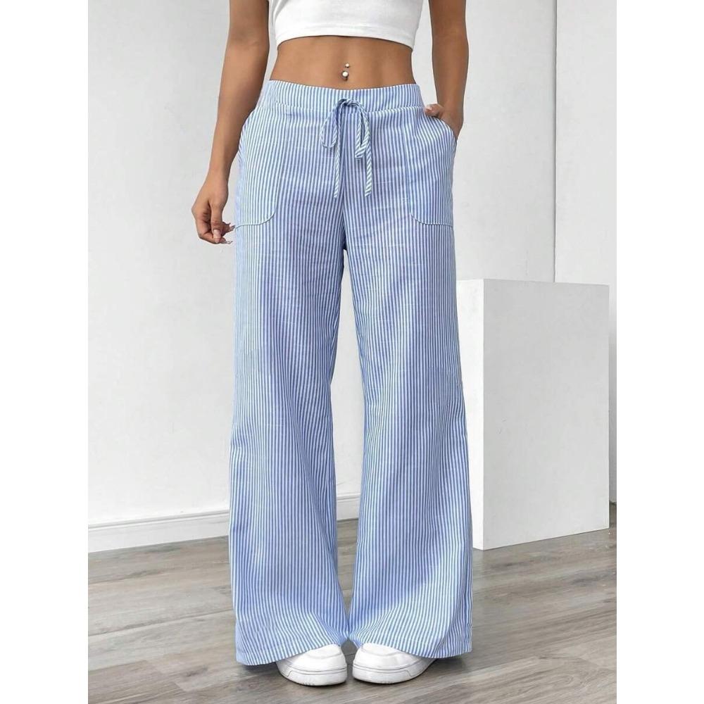Striped Loose Wide-leg Pants Thin Slouchy Straight Casual Pants Women Drawstring Floor Length Pants Lazy Sweatpants 2026 Summer