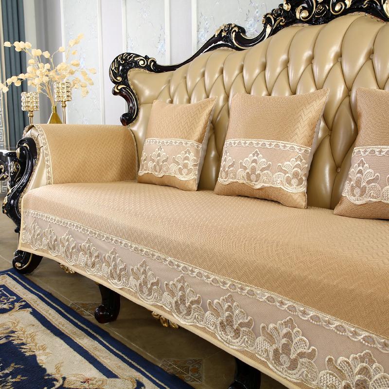 Summer European Ice Silk Fabric Sofa Cover Home Living Room Decoration Lace Hemline Non-slip Slipcover 1/2/3 Seats Sofa Cushion