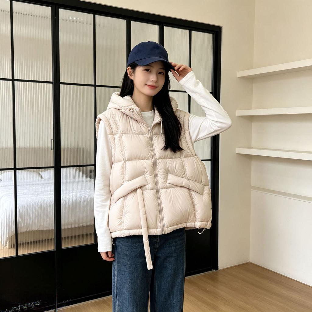Europe, America, autumn and winter new down cotton vest women's small hooded loose short puff vest cotton vest