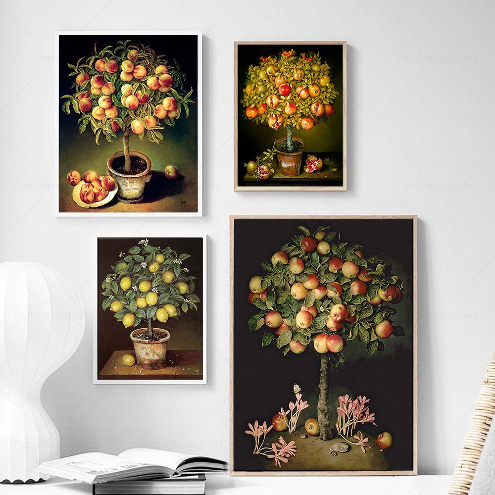Vintage meyve ağacı natürmort tuval boyama şeftali nar elma limon portakal baskılar posterler duvar sanat resmi mutfak dekoru