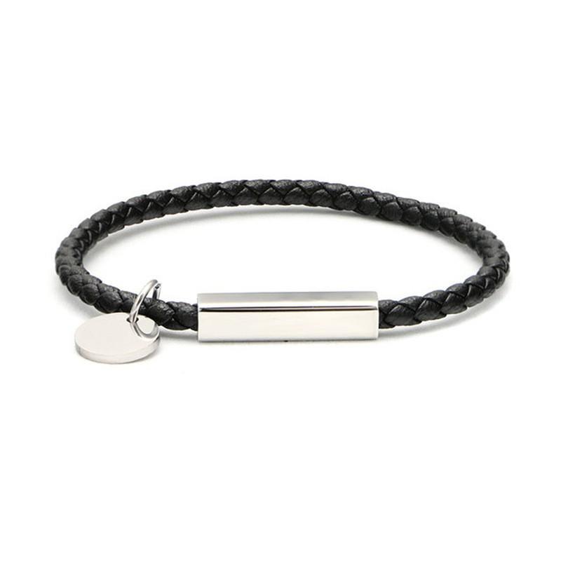 Stainless Steel Leather Woven Bracelet With Magnetic Clasp Couples Minimalist Geometric Design Unisex Jewelry Black Leather Steel 17cm