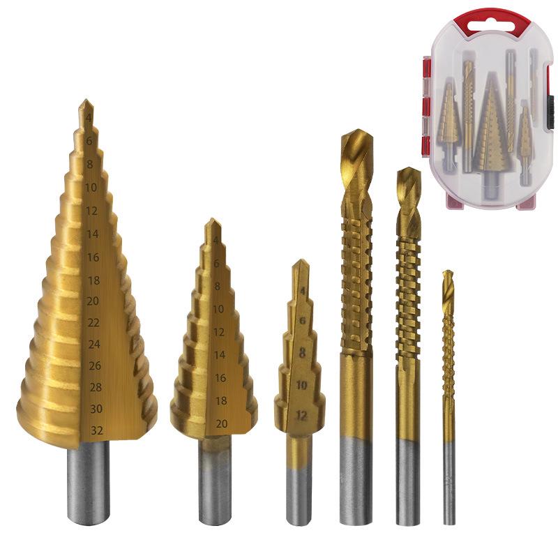 6-Piece Titanium-Plated Pagoda Step Drill Bit Set with Triangle Shank for Woodworking and Grooving