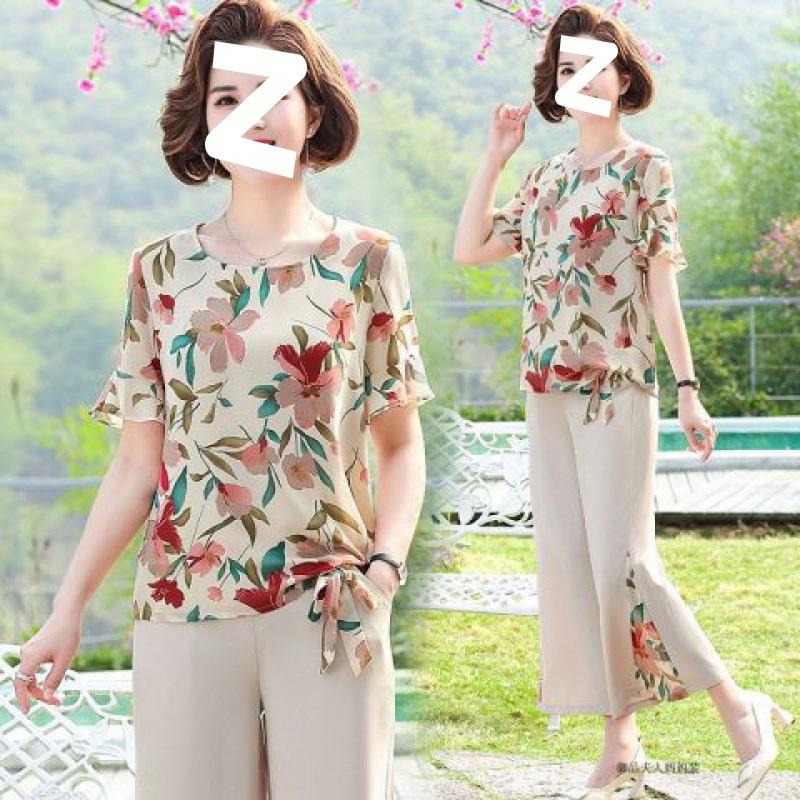 Mom's Summer Suit Summer Western Style Middle-aged and Elderly Fashion Large Size Elderly Loose Short-sleeved Shirt Suit for Women