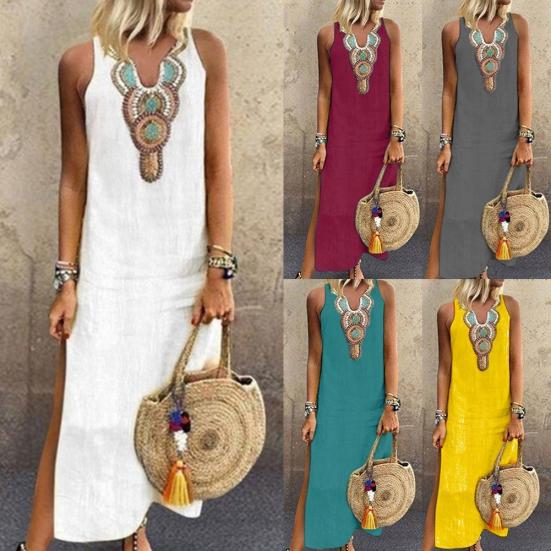 Yazlık Kadın Paisley Baskılı V Yaka Kolsuz Yırtmaçlı Maksi Keten Bol Kaftan Elbise