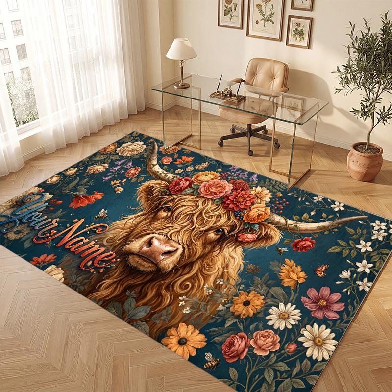 Highland Cow Theme Soft Crystal Velvet Rug Custom Name & Text Print Non Slip Floor Rug for Bedroom Living Room