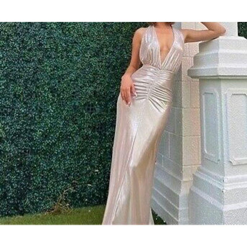 

Foreign Trade Order Za Home Banquet Party Personality Fashion Bright Silk Lady Lady Lady Royal Sister V-neck Sexy Backless Dress Bright silk silver thread S