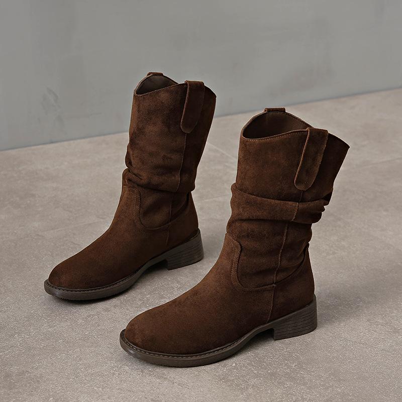 Fashion mid-tube Maillard thick-heeled pleated piled boots women's new autumn mid-heel versatile locomotive knight boots