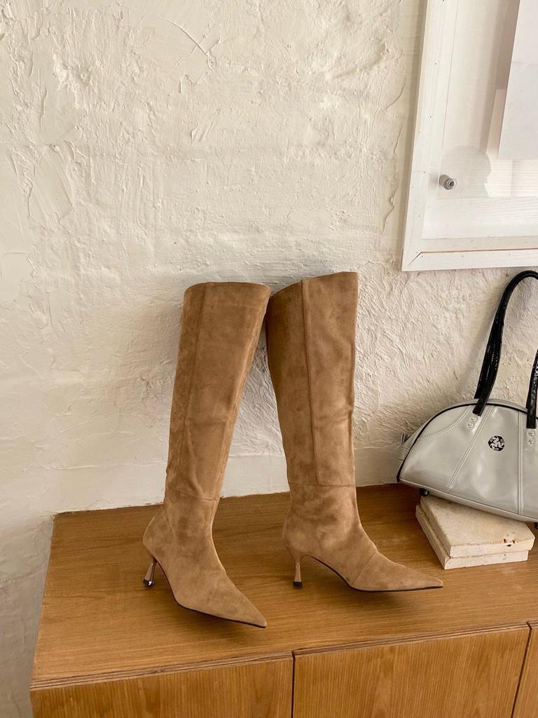 2025 Autumn and Winter New European and American Wind Tube About Temperament Suede Pointed Thin High Heel Boots Thin Wide Tube Knight Boots