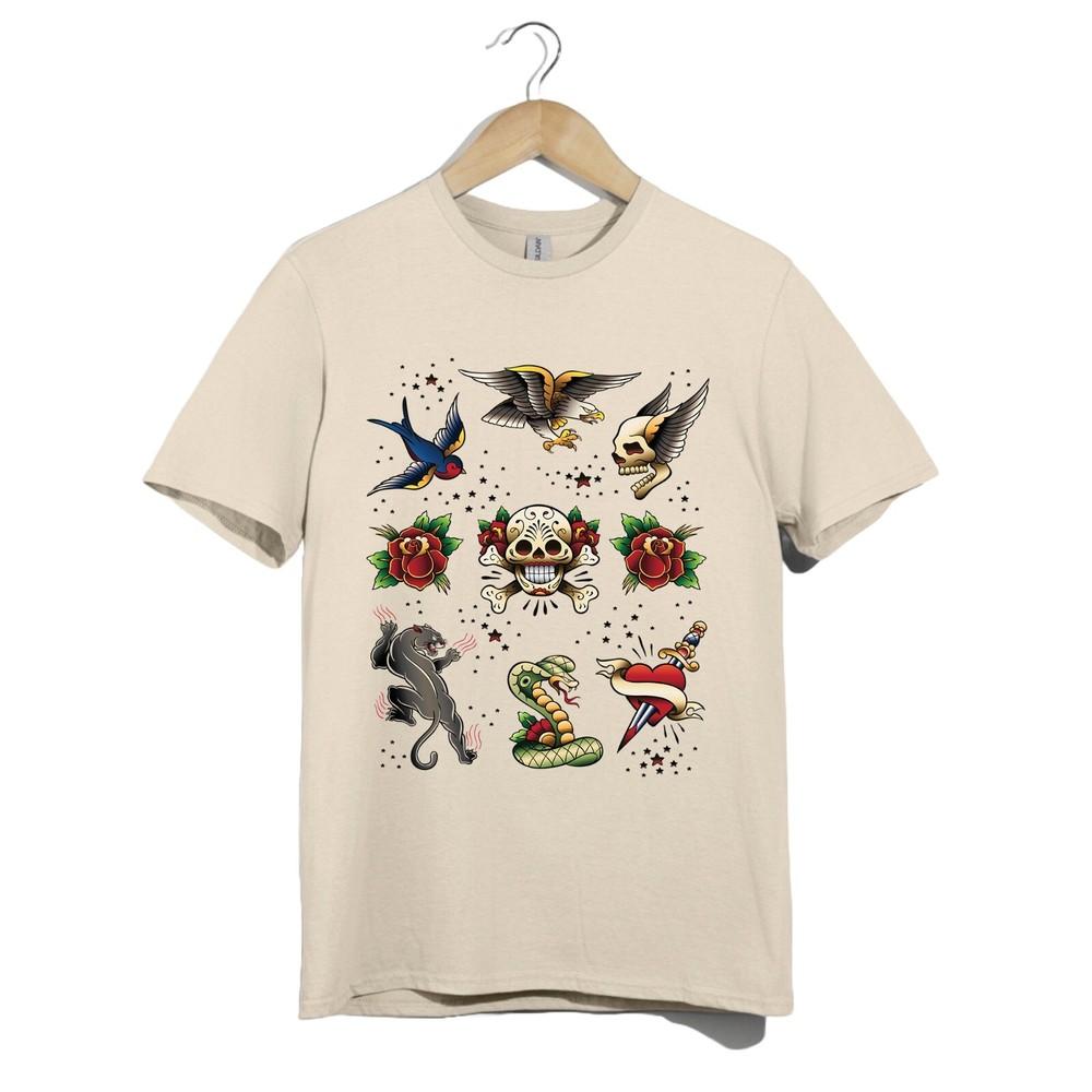 Old School Tattoo Flash T-Shirt Unisex Skull Snake Dagger Eagle Rose Panther Tee