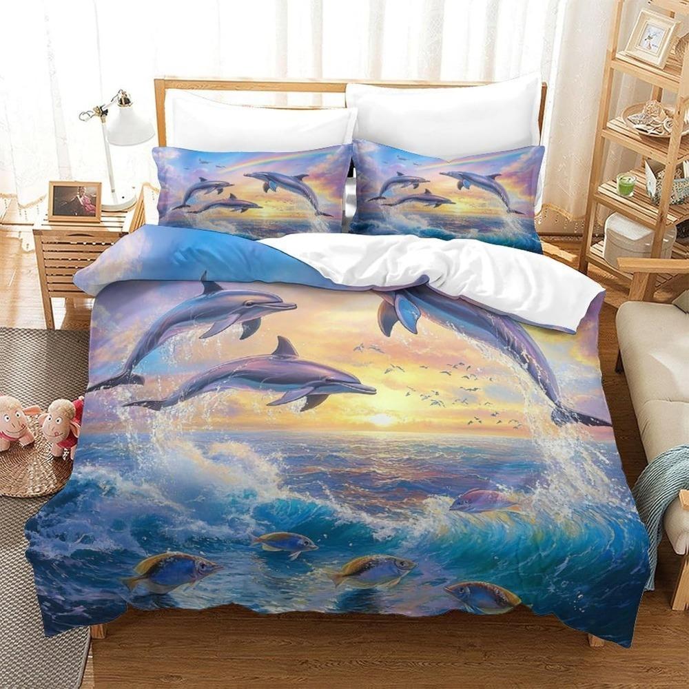 CartoonDolphin  Motif Bed Linen,Microfibre Bedding Sets, Children's Bed Linen  for Teenagers  adult  3-Piece Duvet Cover