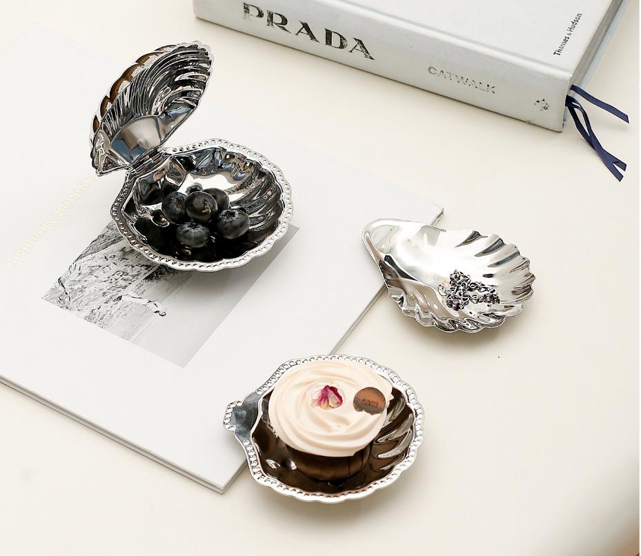 Luxurious French Retro 304 Stainless Steel Food Dish Plate Shell Box Jewelry Peal Storage Bag Desk Decoration