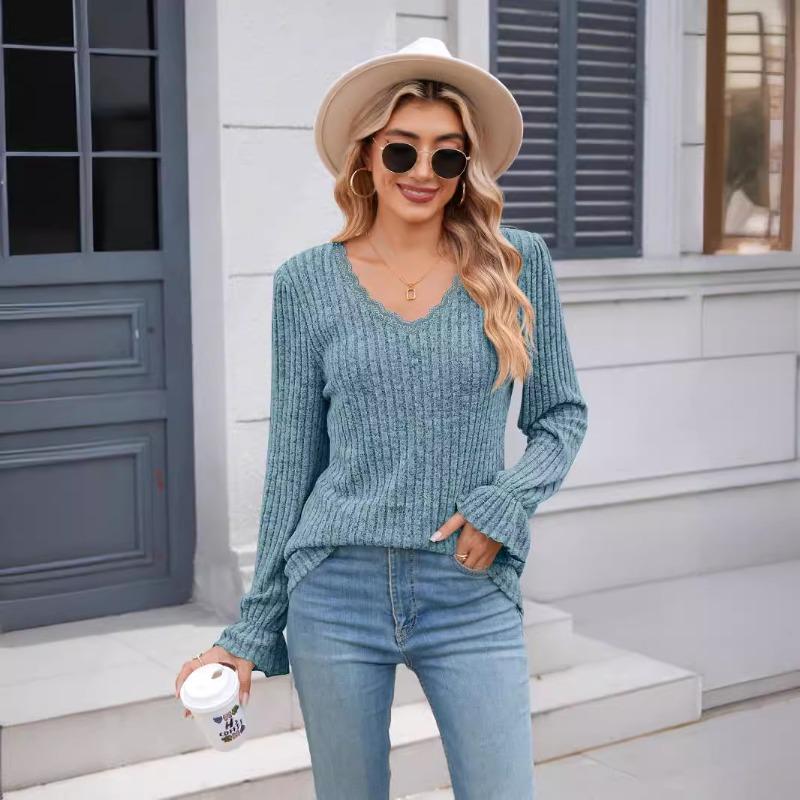 Graue Strickwaren Lose Frauen Pullover Pit Streifen Schleifen V-ausschnitt Spitze Langarm Pullover Einfarbig Casual Pendeln Basis Hemd Herbst Winter