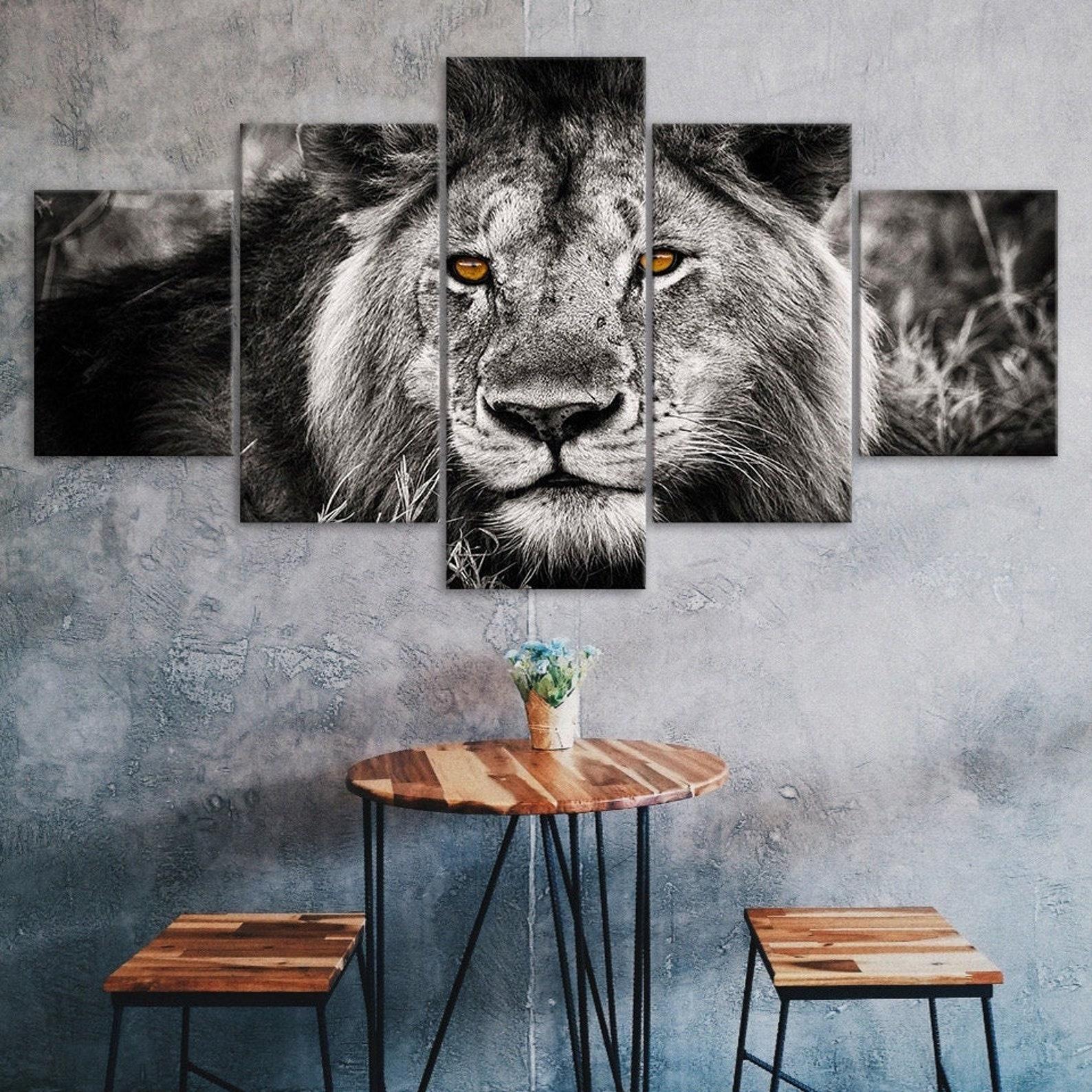 

Lion Face White Black Scene 5 Piece Five Panel Wall Canvas Print Pictures Modern Art Poster Home Decor Gift For Him For Her 20X35 20X45 20X55CM