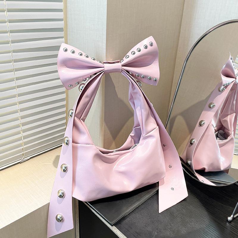 Rivets Bow Y2K Hobos Handbag and Purses for Women Trendy Shoulder Bag with Removable Bow Ladies PU Leather Armpit Bag AVE