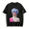 Fashion Half Turtleneck Top with Light Blue Hair Character Print Color Block Trendy Casual Style Pure Cotton T-shirt